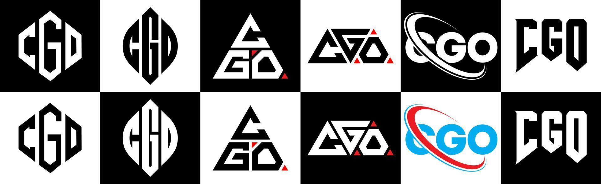 cgo lettera logo design nel sei stile. cgo poligono, cerchio, triangolo, esagono, piatto e semplice stile con nero e bianca colore variazione lettera logo impostato nel uno tavola da disegno. cgo minimalista e classico logo vettore