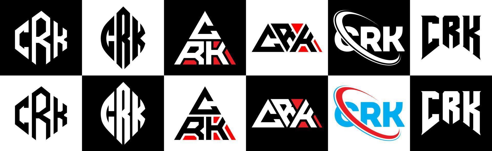 crk lettera logo design nel sei stile. crk poligono, cerchio, triangolo, esagono, piatto e semplice stile con nero e bianca colore variazione lettera logo impostato nel uno tavola da disegno. crk minimalista e classico logo vettore