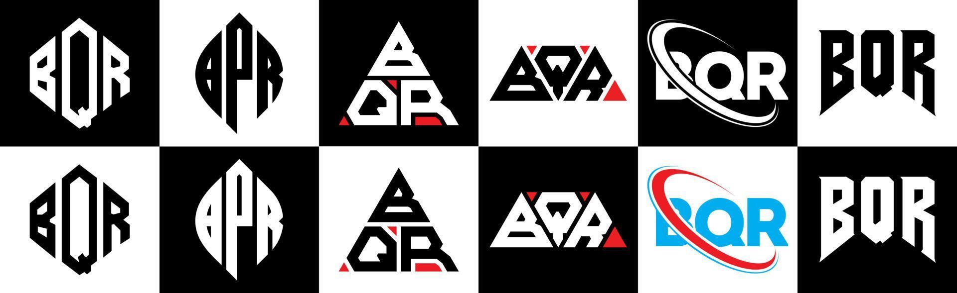 bqr lettera logo design nel sei stile. bqr poligono, cerchio, triangolo, esagono, piatto e semplice stile con nero e bianca colore variazione lettera logo impostato nel uno tavola da disegno. bqr minimalista e classico logo vettore