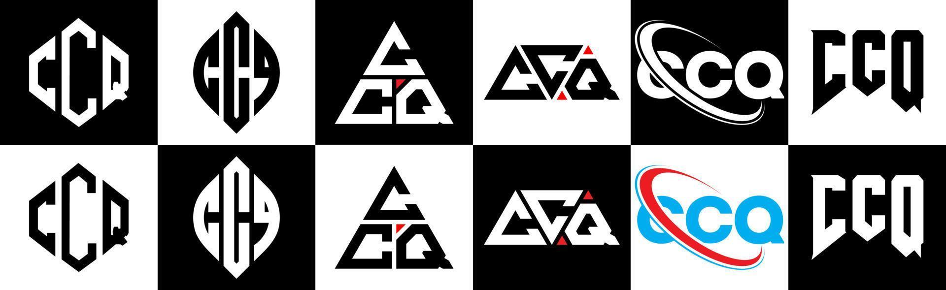 ccq lettera logo design nel sei stile. ccq poligono, cerchio, triangolo, esagono, piatto e semplice stile con nero e bianca colore variazione lettera logo impostato nel uno tavola da disegno. ccq minimalista e classico logo vettore