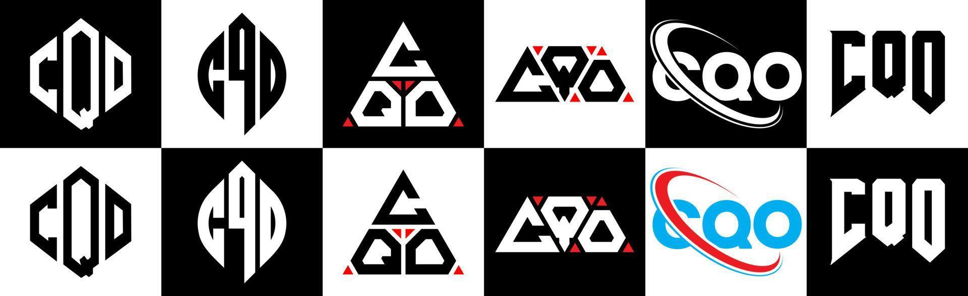 cqo lettera logo design nel sei stile. cqo poligono, cerchio, triangolo, esagono, piatto e semplice stile con nero e bianca colore variazione lettera logo impostato nel uno tavola da disegno. cqo minimalista e classico logo vettore