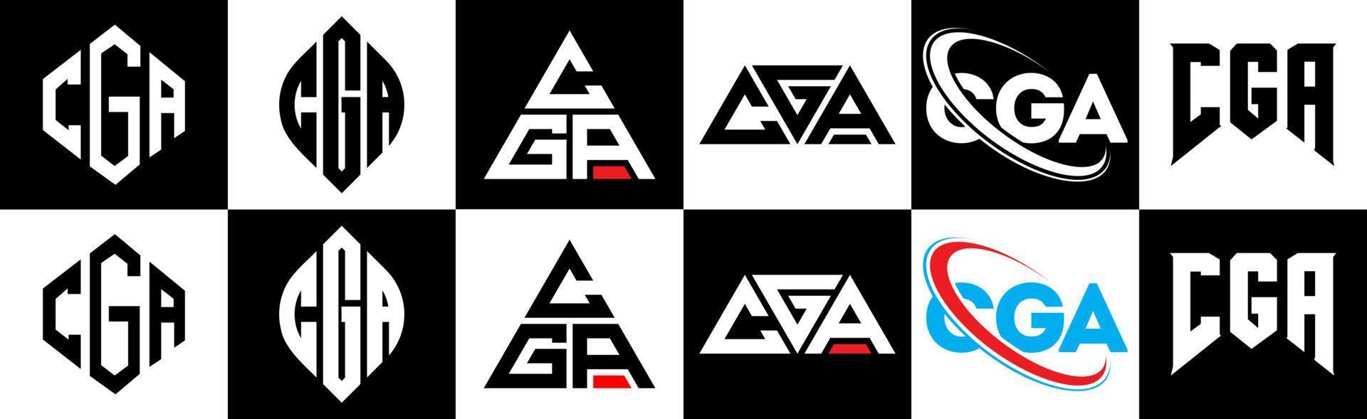 cga lettera logo design nel sei stile. cga poligono, cerchio, triangolo, esagono, piatto e semplice stile con nero e bianca colore variazione lettera logo impostato nel uno tavola da disegno. cga minimalista e classico logo vettore