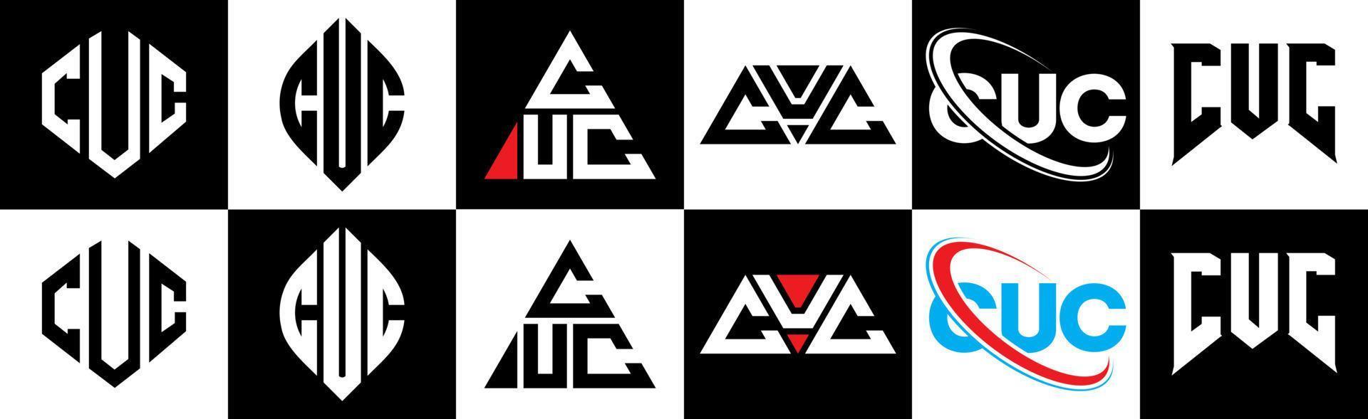 cuc lettera logo design nel sei stile. cuc poligono, cerchio, triangolo, esagono, piatto e semplice stile con nero e bianca colore variazione lettera logo impostato nel uno tavola da disegno. cuc minimalista e classico logo vettore