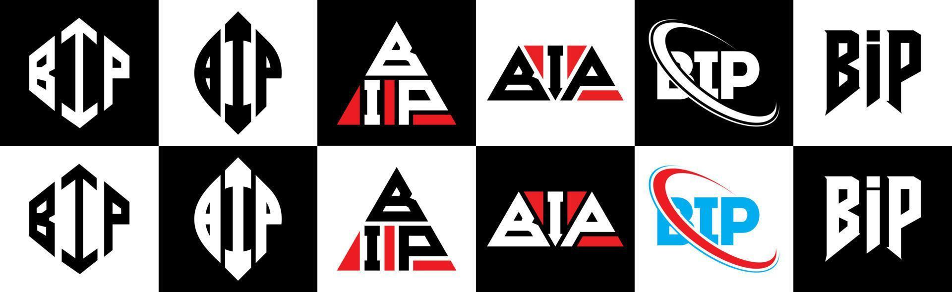 bip lettera logo design nel sei stile. bip poligono, cerchio, triangolo, esagono, piatto e semplice stile con nero e bianca colore variazione lettera logo impostato nel uno tavola da disegno. bip minimalista e classico logo vettore