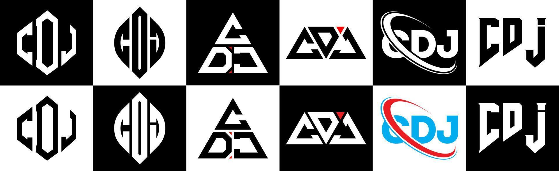 cdj lettera logo design nel sei stile. cdj poligono, cerchio, triangolo, esagono, piatto e semplice stile con nero e bianca colore variazione lettera logo impostato nel uno tavola da disegno. cdj minimalista e classico logo vettore