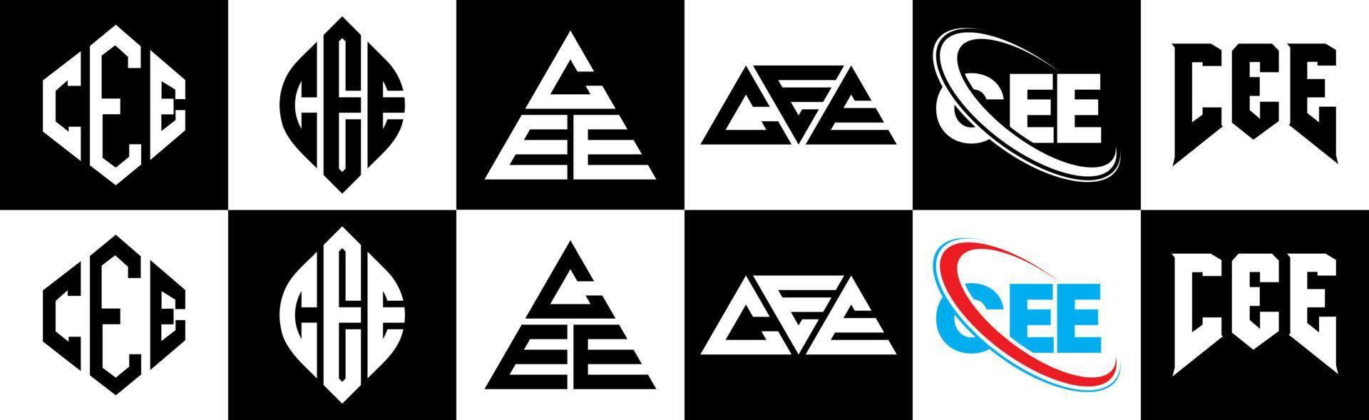 cee lettera logo design nel sei stile. cee poligono, cerchio, triangolo, esagono, piatto e semplice stile con nero e bianca colore variazione lettera logo impostato nel uno tavola da disegno. cee minimalista e classico logo vettore