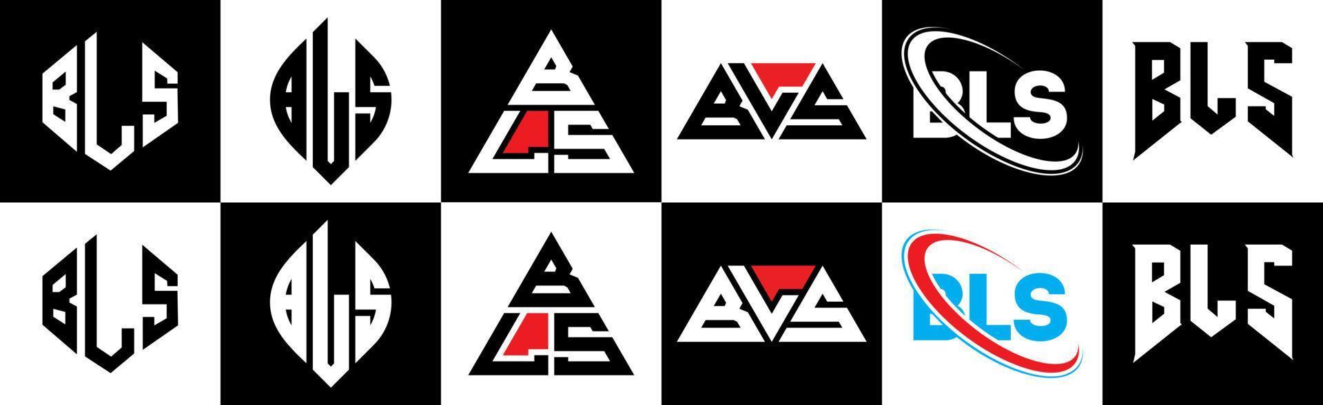 bls lettera logo design nel sei stile. bls poligono, cerchio, triangolo, esagono, piatto e semplice stile con nero e bianca colore variazione lettera logo impostato nel uno tavola da disegno. bls minimalista e classico logo vettore