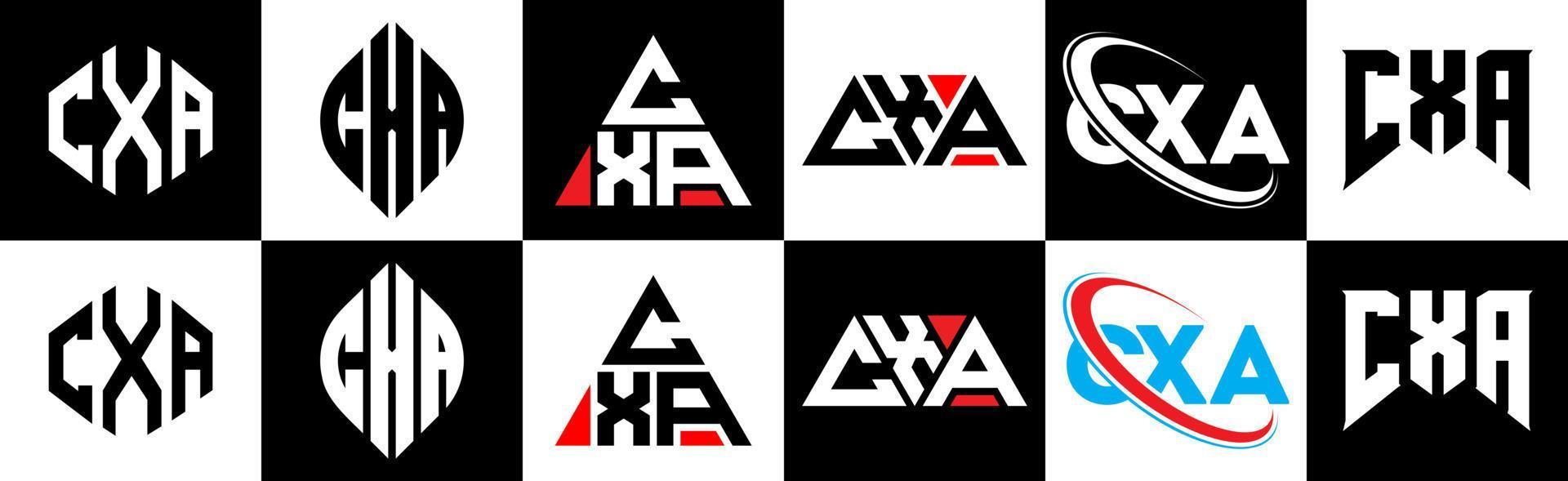 cxa lettera logo design nel sei stile. cxa poligono, cerchio, triangolo, esagono, piatto e semplice stile con nero e bianca colore variazione lettera logo impostato nel uno tavola da disegno. cxa minimalista e classico logo vettore