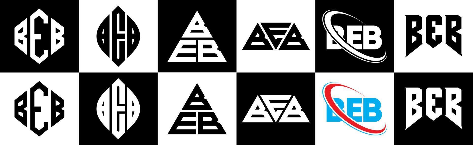 beb lettera logo design nel sei stile. beb poligono, cerchio, triangolo, esagono, piatto e semplice stile con nero e bianca colore variazione lettera logo impostato nel uno tavola da disegno. beb minimalista e classico logo vettore