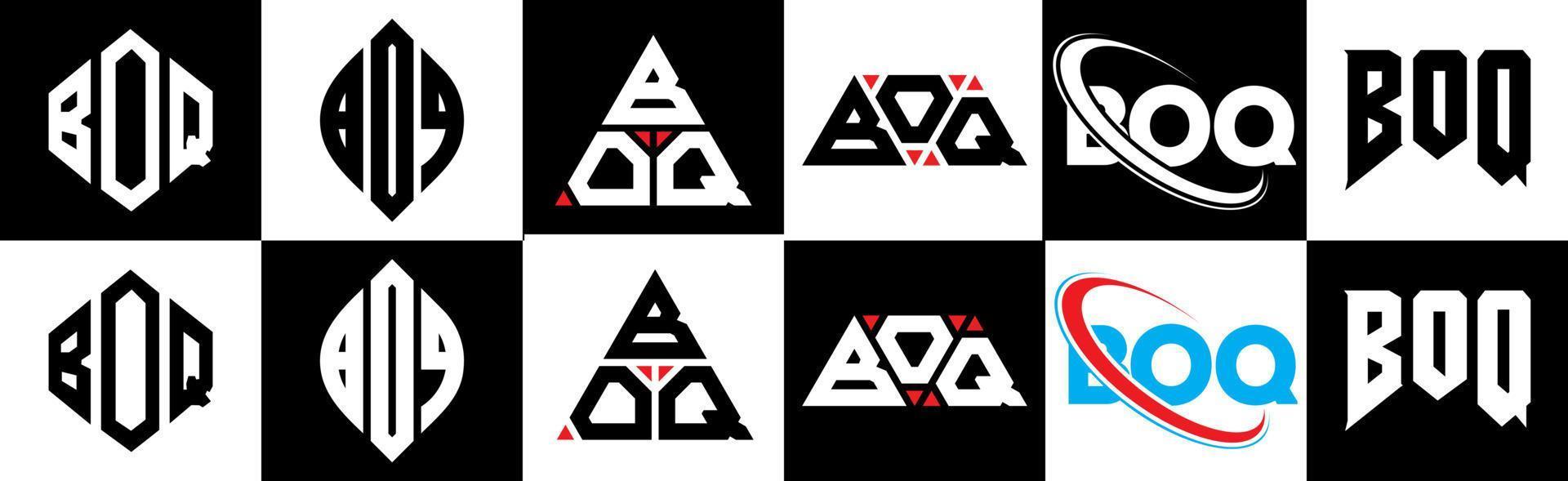 boq lettera logo design nel sei stile. boq poligono, cerchio, triangolo, esagono, piatto e semplice stile con nero e bianca colore variazione lettera logo impostato nel uno tavola da disegno. boq minimalista e classico logo vettore