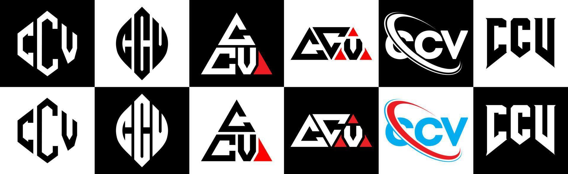 ccv lettera logo design nel sei stile. ccv poligono, cerchio, triangolo, esagono, piatto e semplice stile con nero e bianca colore variazione lettera logo impostato nel uno tavola da disegno. ccv minimalista e classico logo vettore