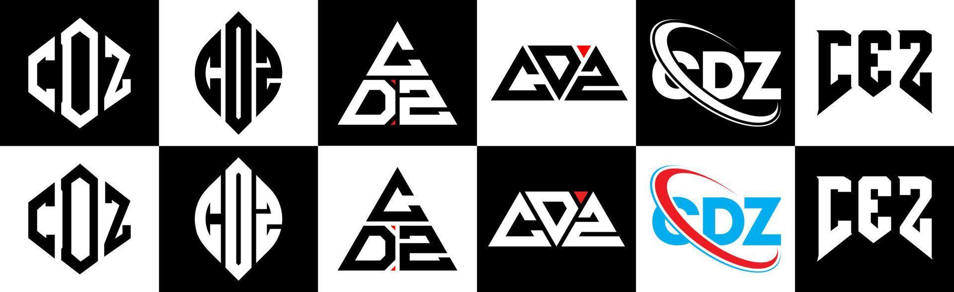 cdz lettera logo design nel sei stile. cdz poligono, cerchio, triangolo, esagono, piatto e semplice stile con nero e bianca colore variazione lettera logo impostato nel uno tavola da disegno. cdz minimalista e classico logo vettore