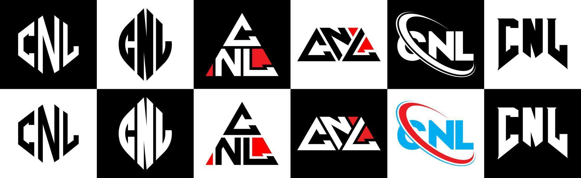 cnl lettera logo design nel sei stile. cnl poligono, cerchio, triangolo, esagono, piatto e semplice stile con nero e bianca colore variazione lettera logo impostato nel uno tavola da disegno. cnl minimalista e classico logo vettore