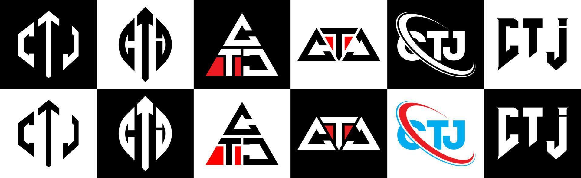 ctj lettera logo design nel sei stile. ctj poligono, cerchio, triangolo, esagono, piatto e semplice stile con nero e bianca colore variazione lettera logo impostato nel uno tavola da disegno. ctj minimalista e classico logo vettore