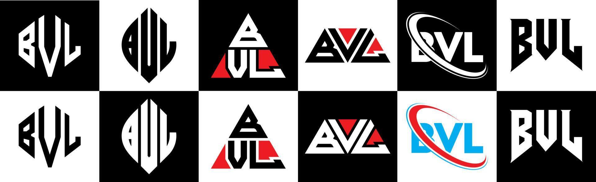 bvl lettera logo design nel sei stile. bvl poligono, cerchio, triangolo, esagono, piatto e semplice stile con nero e bianca colore variazione lettera logo impostato nel uno tavola da disegno. bvl minimalista e classico logo vettore