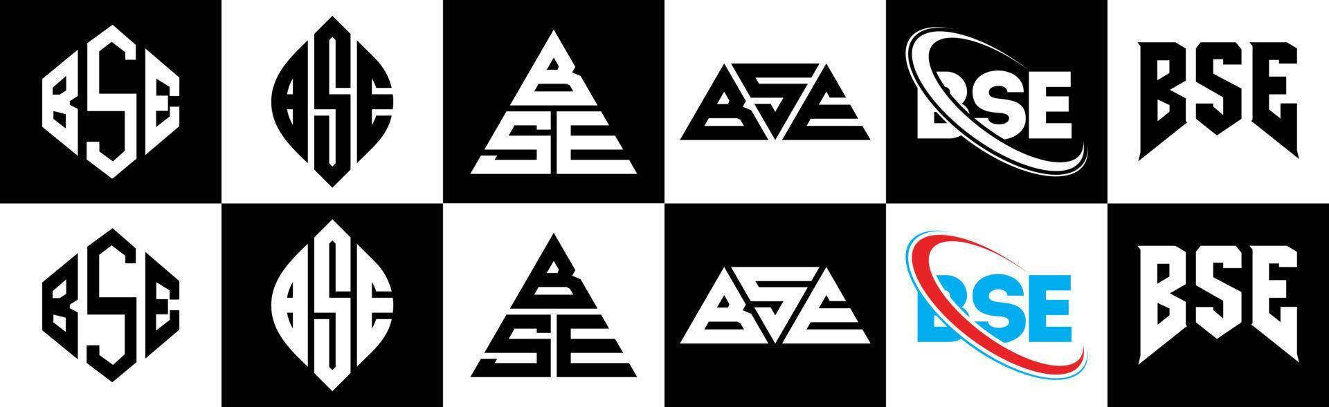 bse lettera logo design nel sei stile. bse poligono, cerchio, triangolo, esagono, piatto e semplice stile con nero e bianca colore variazione lettera logo impostato nel uno tavola da disegno. bse minimalista e classico logo vettore
