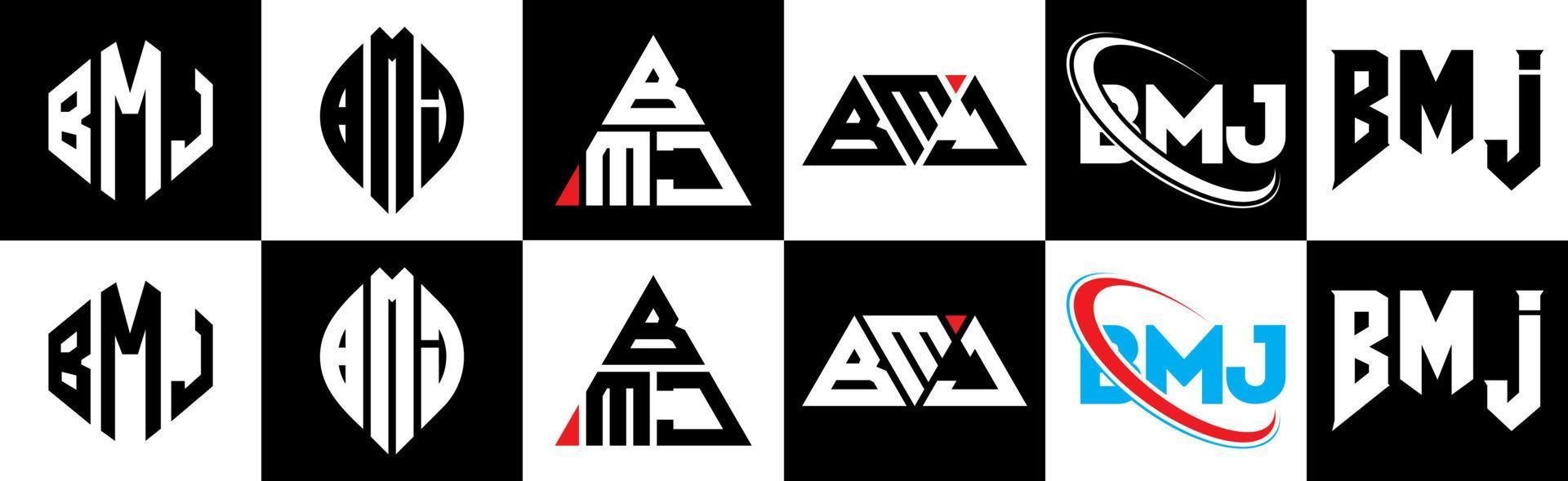 bmj lettera logo design nel sei stile. bmj poligono, cerchio, triangolo, esagono, piatto e semplice stile con nero e bianca colore variazione lettera logo impostato nel uno tavola da disegno. bmj minimalista e classico logo vettore