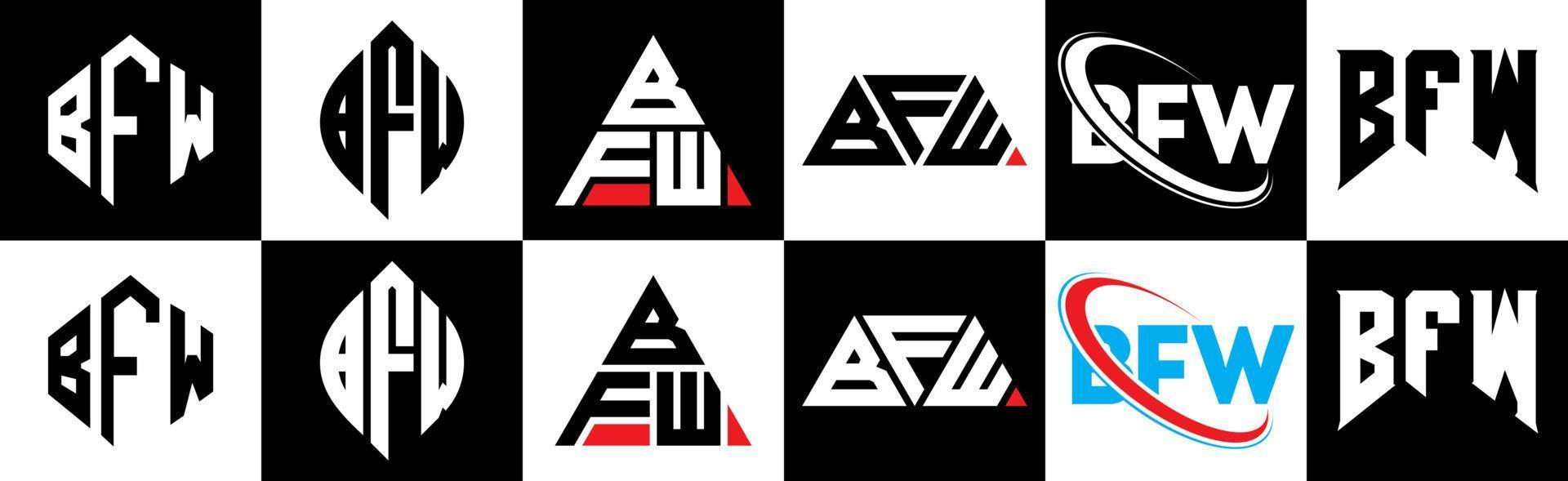 bfw lettera logo design nel sei stile. bfw poligono, cerchio, triangolo, esagono, piatto e semplice stile con nero e bianca colore variazione lettera logo impostato nel uno tavola da disegno. bfw minimalista e classico logo vettore