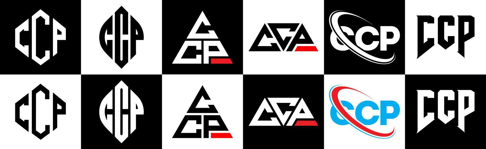 ccp lettera logo design nel sei stile. ccp poligono, cerchio, triangolo, esagono, piatto e semplice stile con nero e bianca colore variazione lettera logo impostato nel uno tavola da disegno. ccp minimalista e classico logo vettore