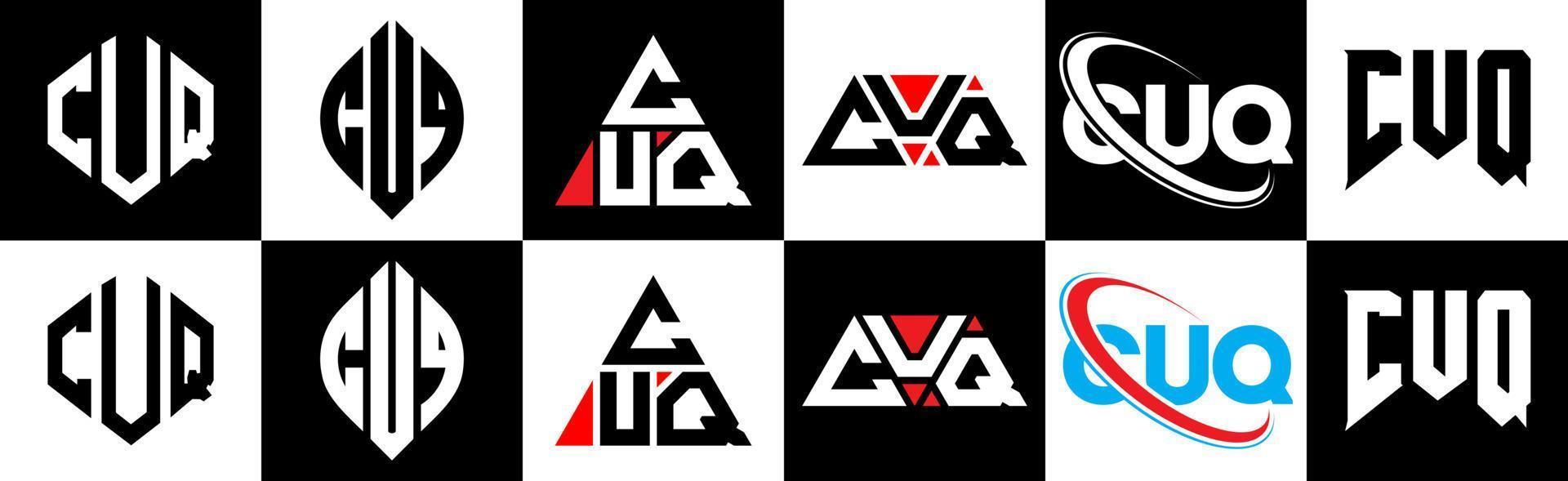 cuq lettera logo design nel sei stile. cuq poligono, cerchio, triangolo, esagono, piatto e semplice stile con nero e bianca colore variazione lettera logo impostato nel uno tavola da disegno. cuq minimalista e classico logo vettore