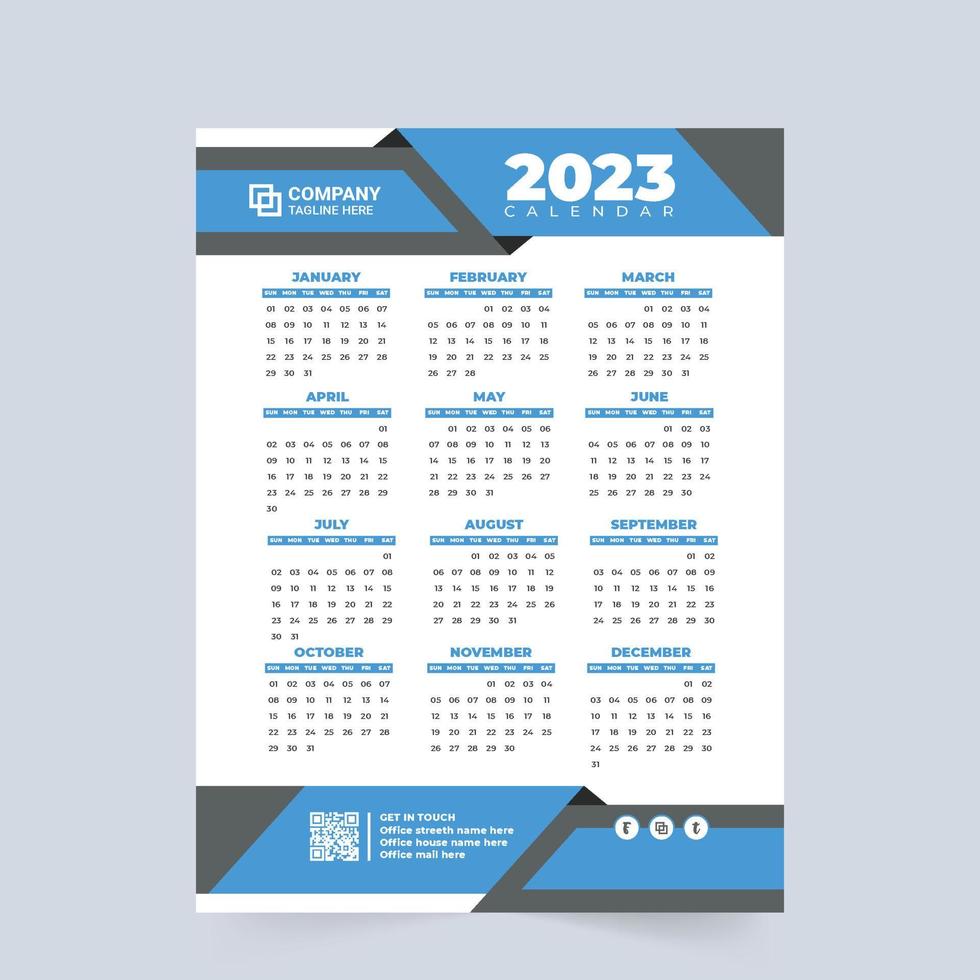 creativo calendario decorazione con astratto forme. aziendale parete calendario e ufficio organizzatore vettore. 2023 calendario design con blu e arancia colori per il nuovo anno. il settimana inizia su domenica. vettore