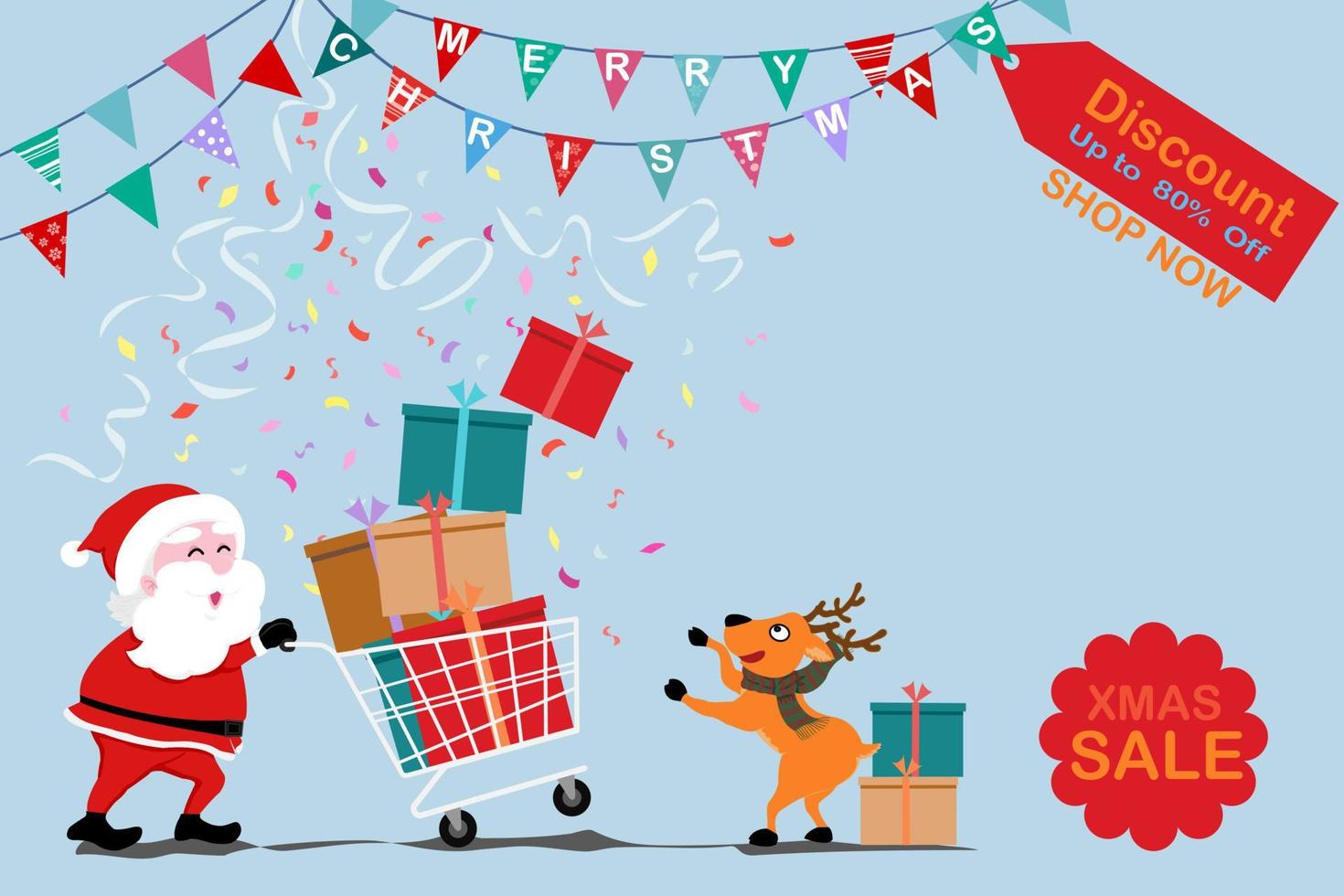 Santa claus, cervo shopping su Natale vacanza saldi, regalo scatole su carrello, spargimento nastro cadere, natale vendita sconto etichetta su blu sfondo e copia spazio, vettore disegno per promozione, pubblicità