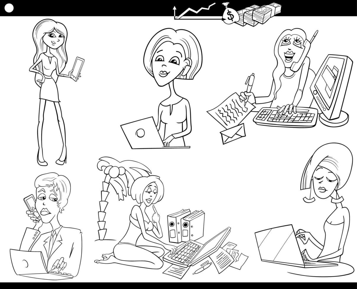 nero e bianca cartone animato donne d'affari personaggi a opera impostato vettore