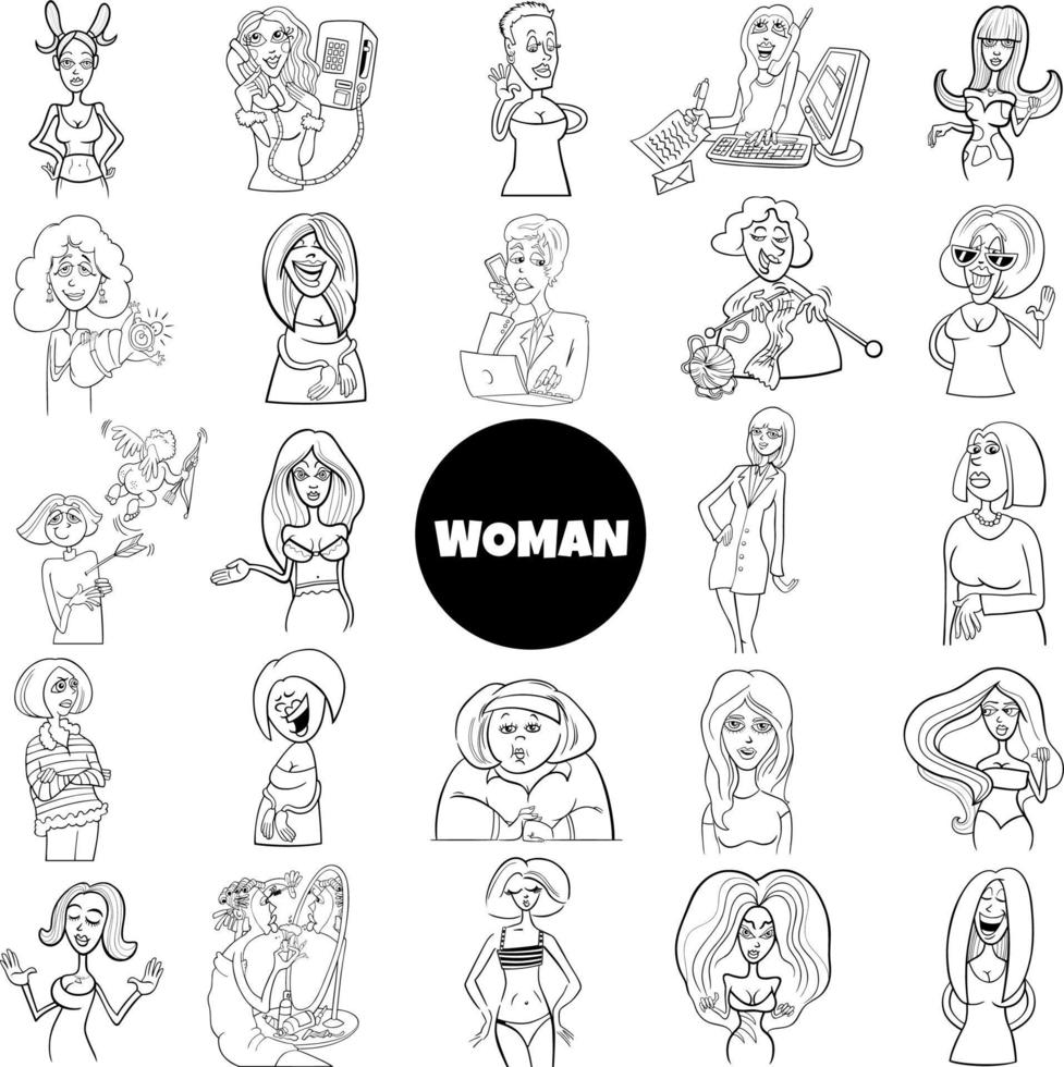set grande di personaggi di donne e ragazze dei cartoni animati in bianco e nero vettore