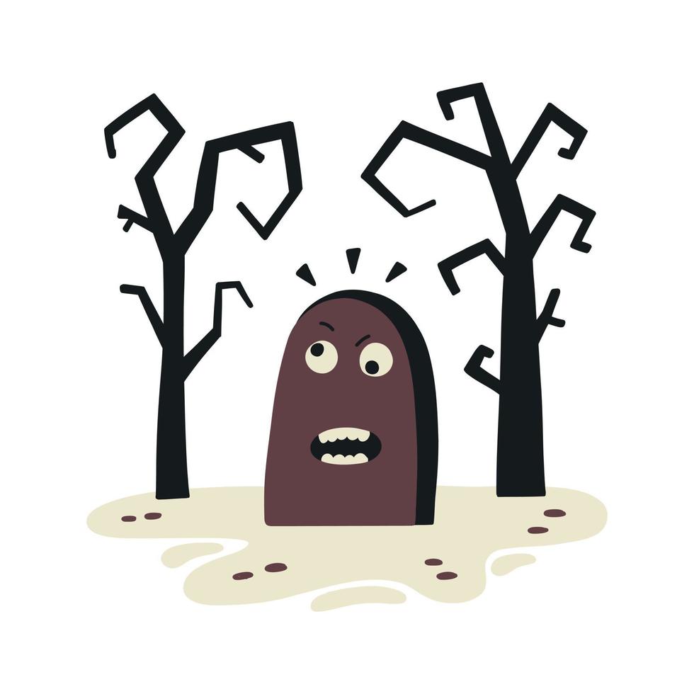 personaggio lapide tra il spoglio alberi. Halloween clipart. piatto vettore illustrazione isolato su bianca sfondo