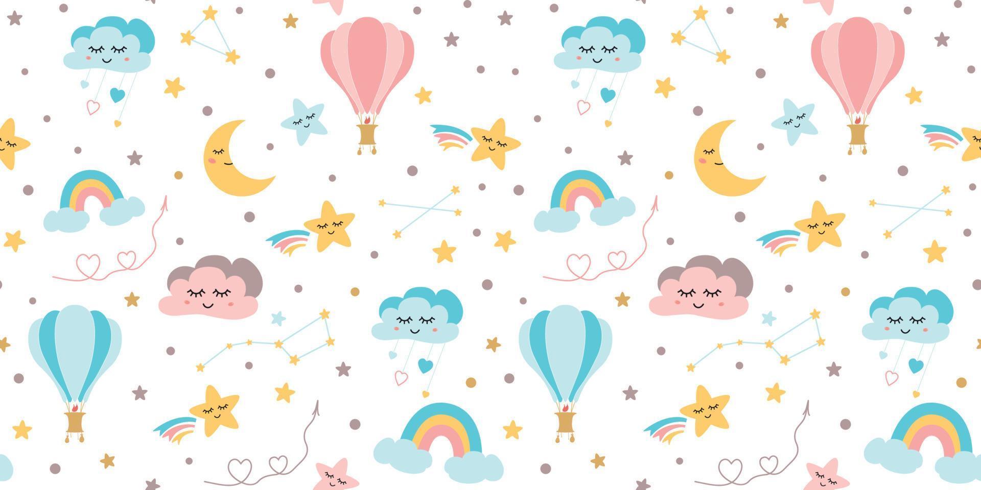 senza soluzione di continuità bambino modello cielo elementi - arcobaleno Luna stelle sorridente nuvole caldo aria Palloncino carino orso creativo infantile stile bambini struttura per tessuto involucro tessile sfondo abbigliamento. vettore illustrazione
