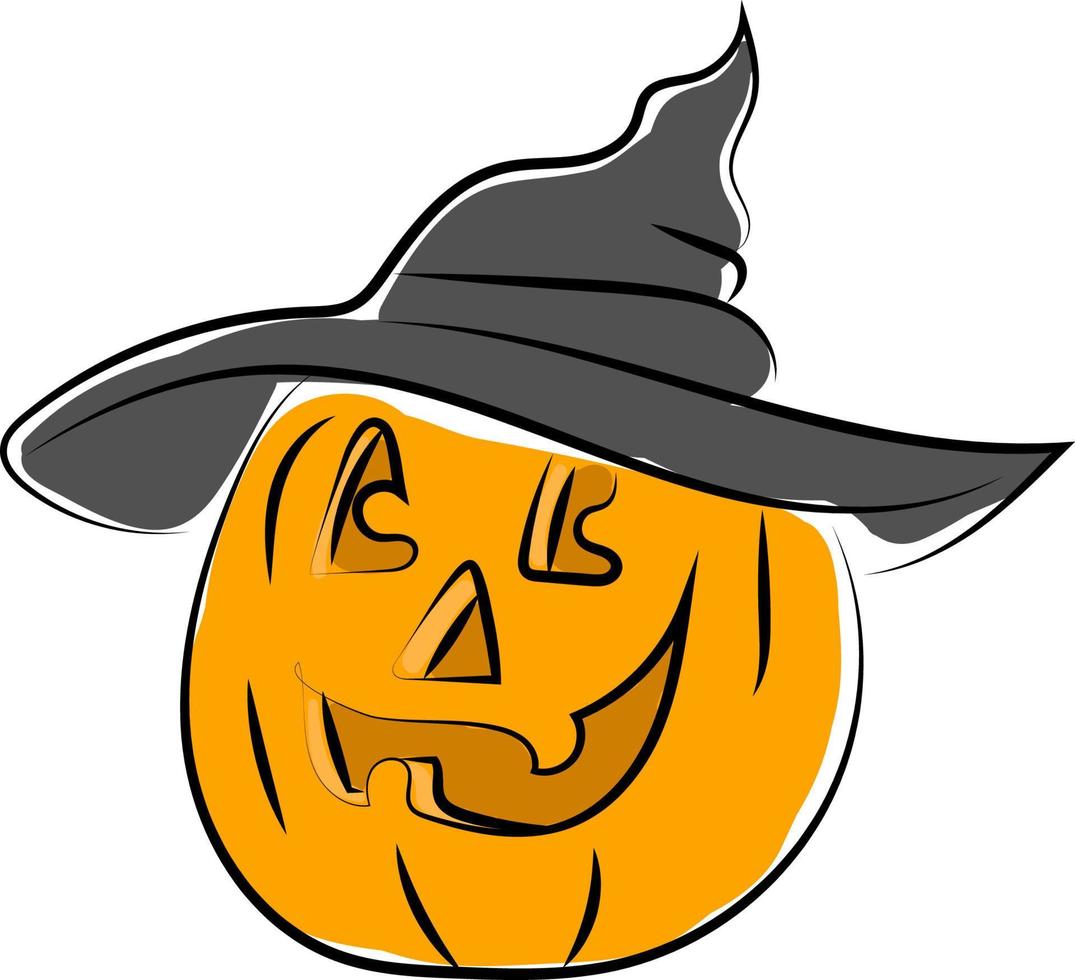 zucca con Halloween cappello, illustrazione, vettore su bianca sfondo.