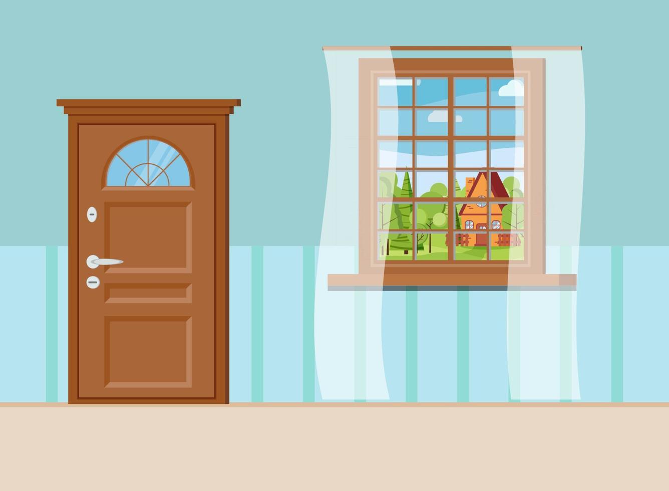 di legno chiuso Ingresso porta e finestra con estate Visualizza di paesaggio con cartone animato Casa vettore