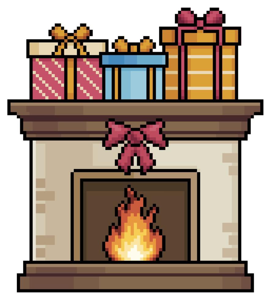 pixel arte camino con Natale i regali, Natale decorazione vettore icona per 8 bit gioco su bianca sfondo