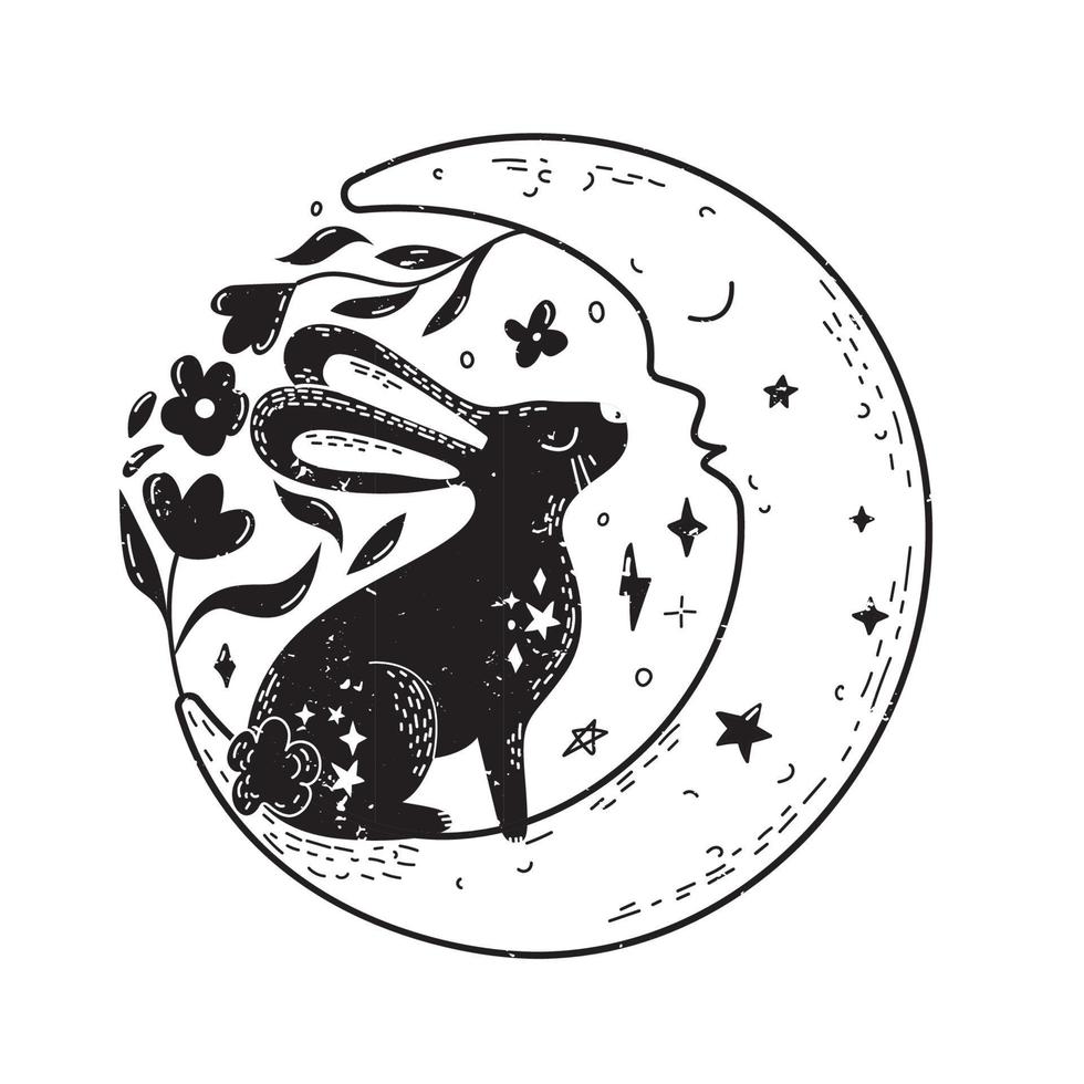 Magia coniglio con il Luna e floreale elementi nel scandinavo stile. minimalista mistico lepre. vettore