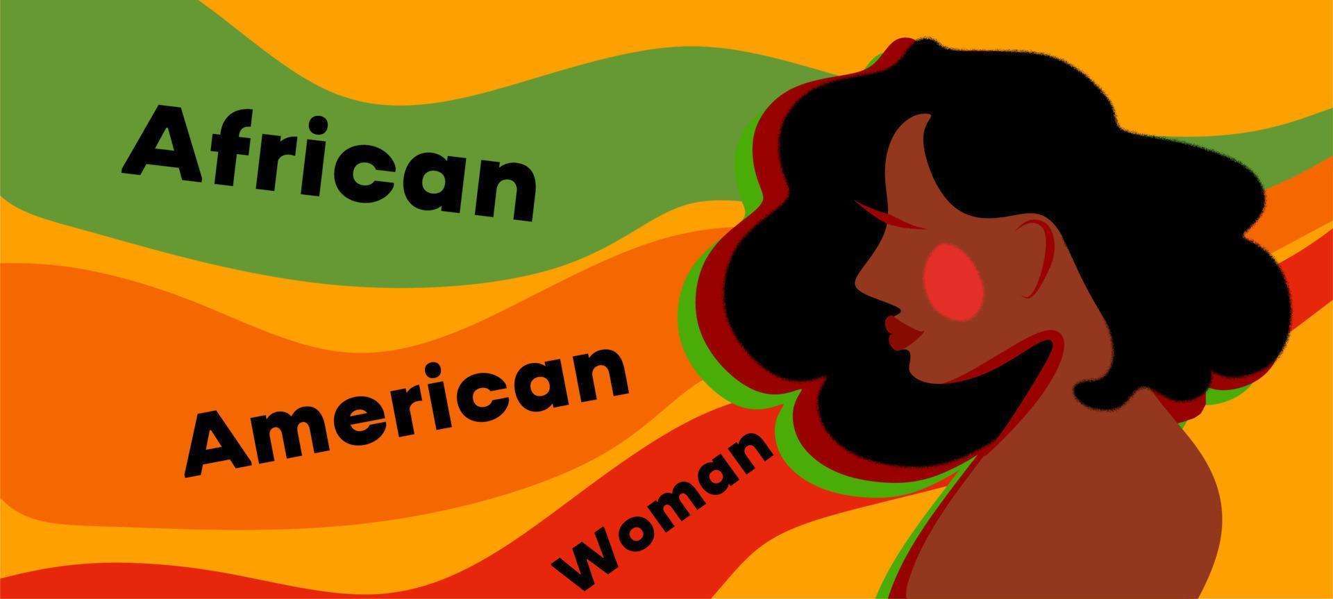 un africano americano donna su un' luminosa sfondo di giallo, verde e rosso strisce. il iscrizione africano americano donna. un' manifesto con un' nero donna. ritratto vettore