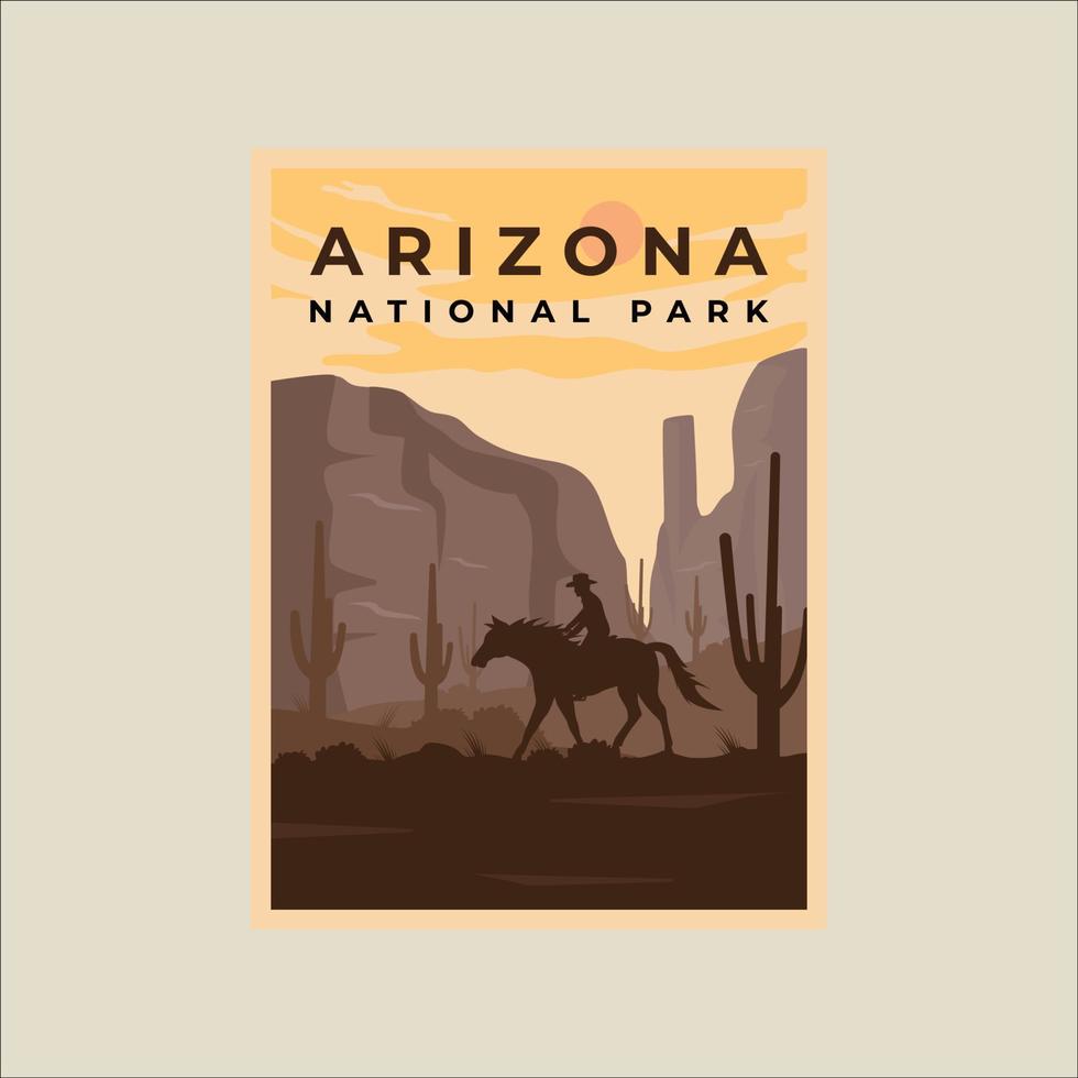 cowboy su cavallo minimalista Vintage ▾ manifesto illustrazione modello grafico design. Arizona nazionale parco con cactus montagne e deserto concetto per viaggio o turismo attività commerciale vettore