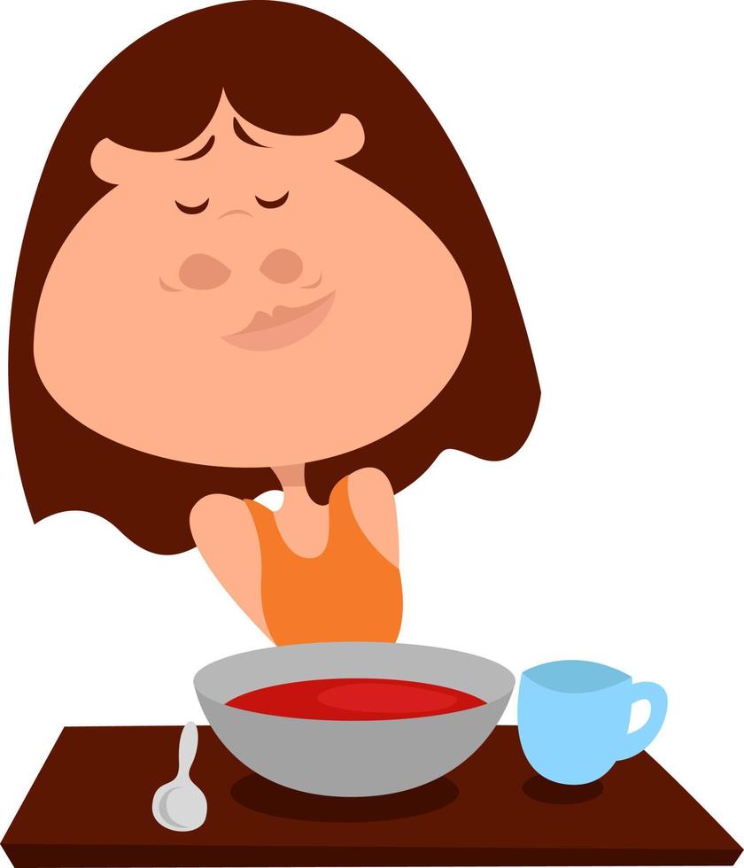 ragazza mangiare pomodoro la minestra, illustrazione, vettore su bianca sfondo
