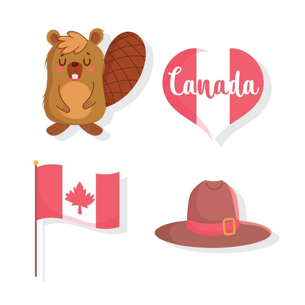 castoro con bandiera cuore e cappello di contento Canada giorno vettore design