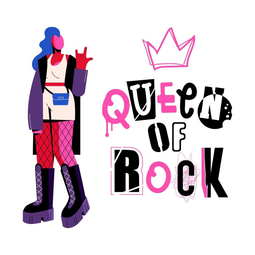 roccia e rotolo Regina è un' disegnato a mano lettering iscrizione. un' corona nel il stile di un' schizzo, scarabocchio. punk, roccia, anarchia vettore