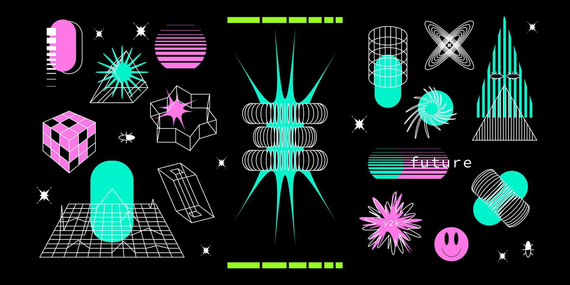 un' impostato strano warframe futurismo 3d . futuristico geometrico forme geometrico nel stile cyberpunk. acido y2k oggetti vettore