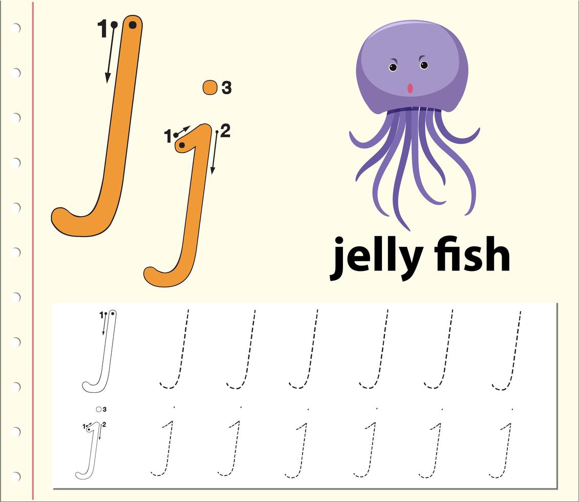 foglio di lavoro dell'alfabeto di tracciamento della lettera j con meduse vettore