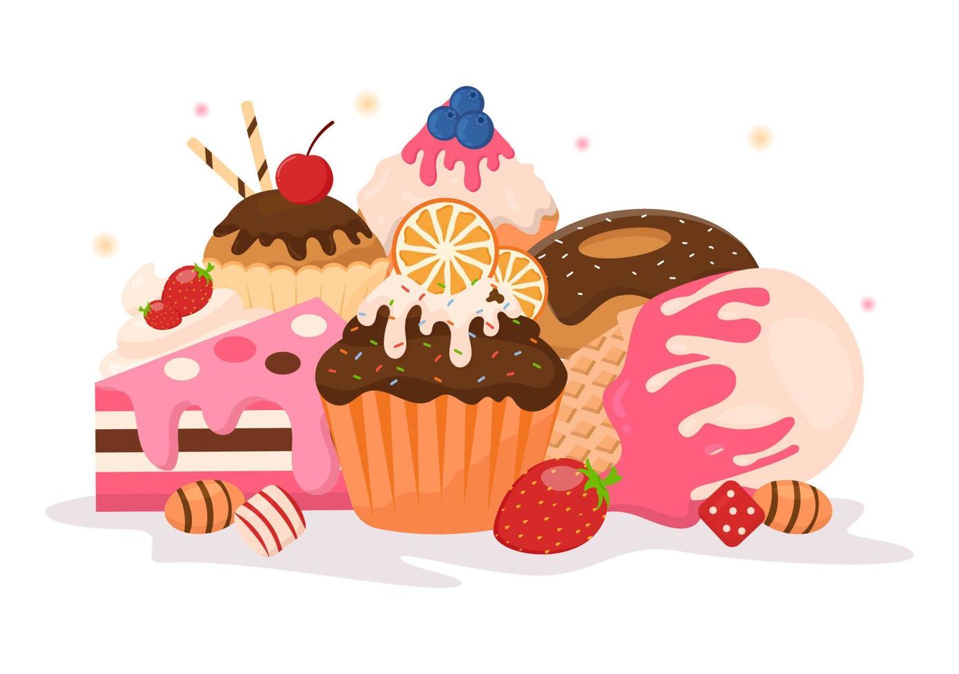 dolce negozio vendita vario forno prodotti, cupcake, torta, Pasticcino o caramella su piatto cartone animato stile mano disegnato modelli illustrazione vettore