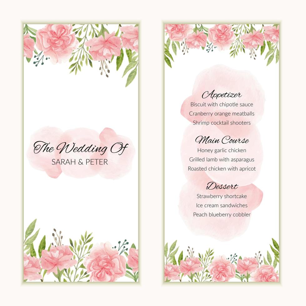 modello di carta menu matrimonio floreale dell'acquerello vettore