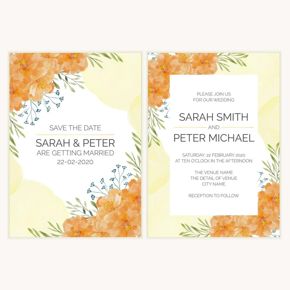 carta di invito a nozze con illustrazione ad acquerello fiore d'oro vettore