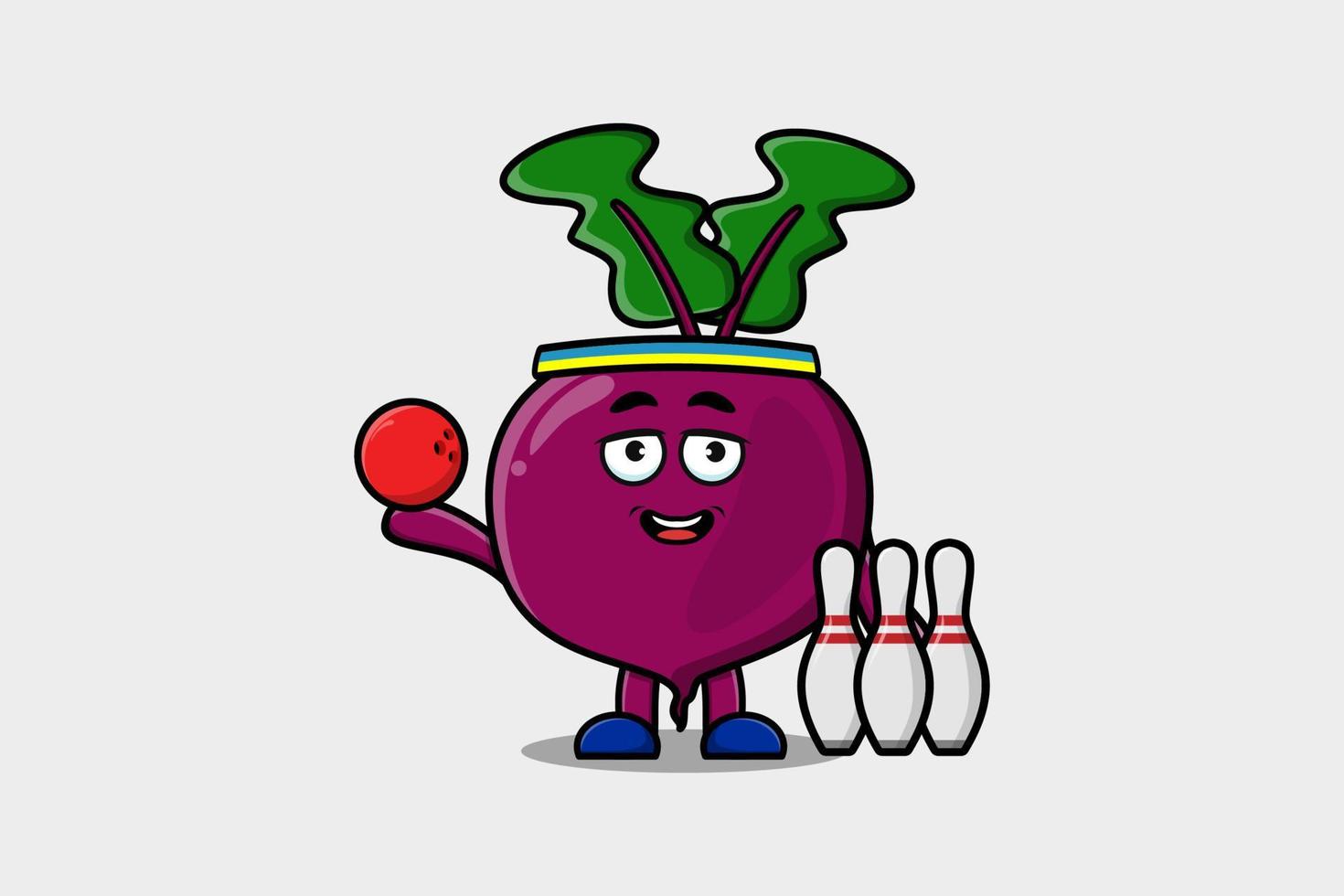 carino cartone animato barbabietola personaggio giocando bowling vettore