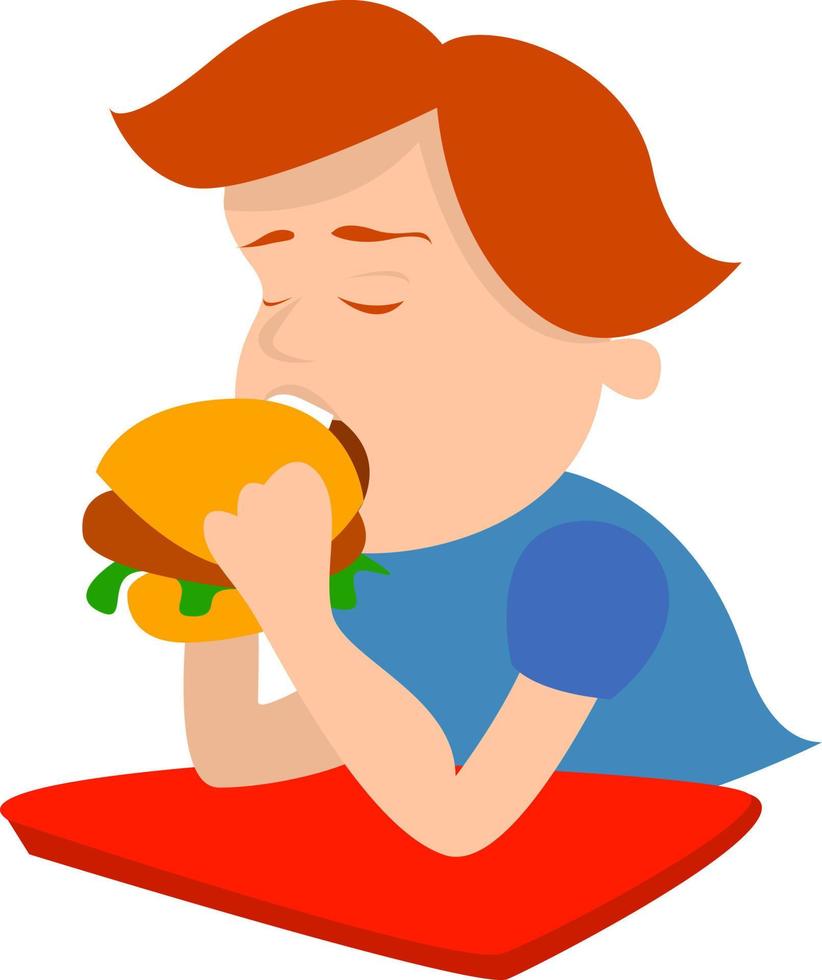 ragazzo mangiare cheeseburger, illustrazione, vettore su bianca sfondo.