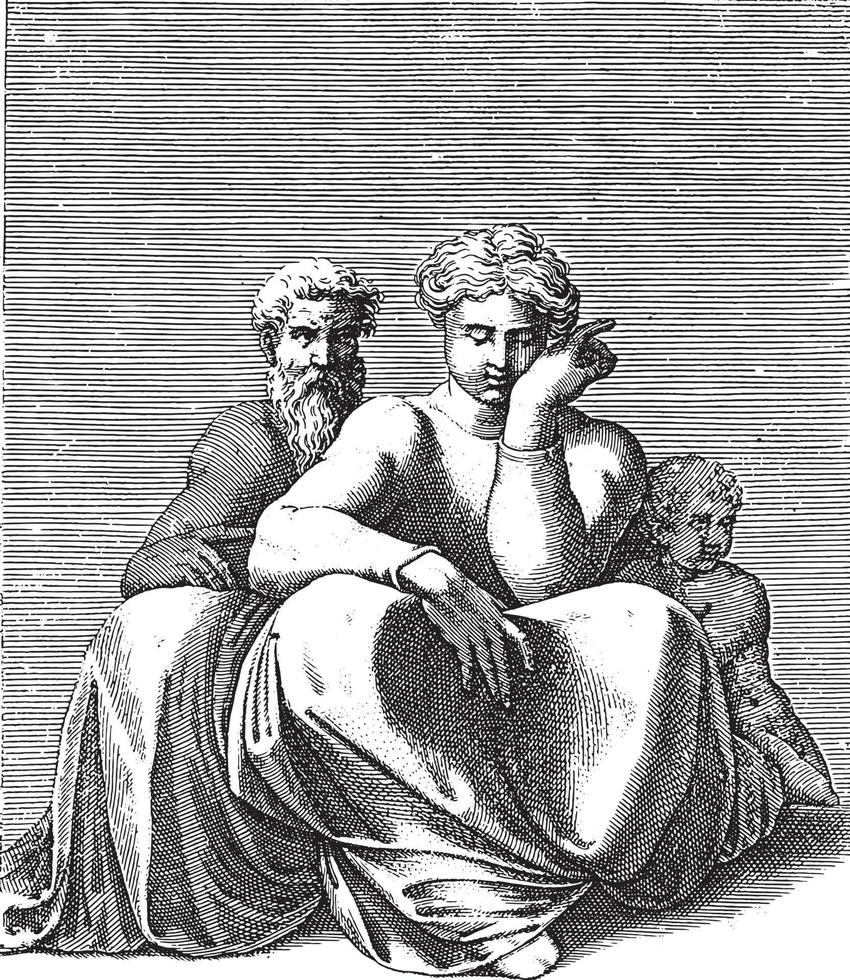 seduto donna con un vecchio uomo e bambino, adamo scultori, dopo michelangelo, 1585, Vintage ▾ illustrazione. vettore