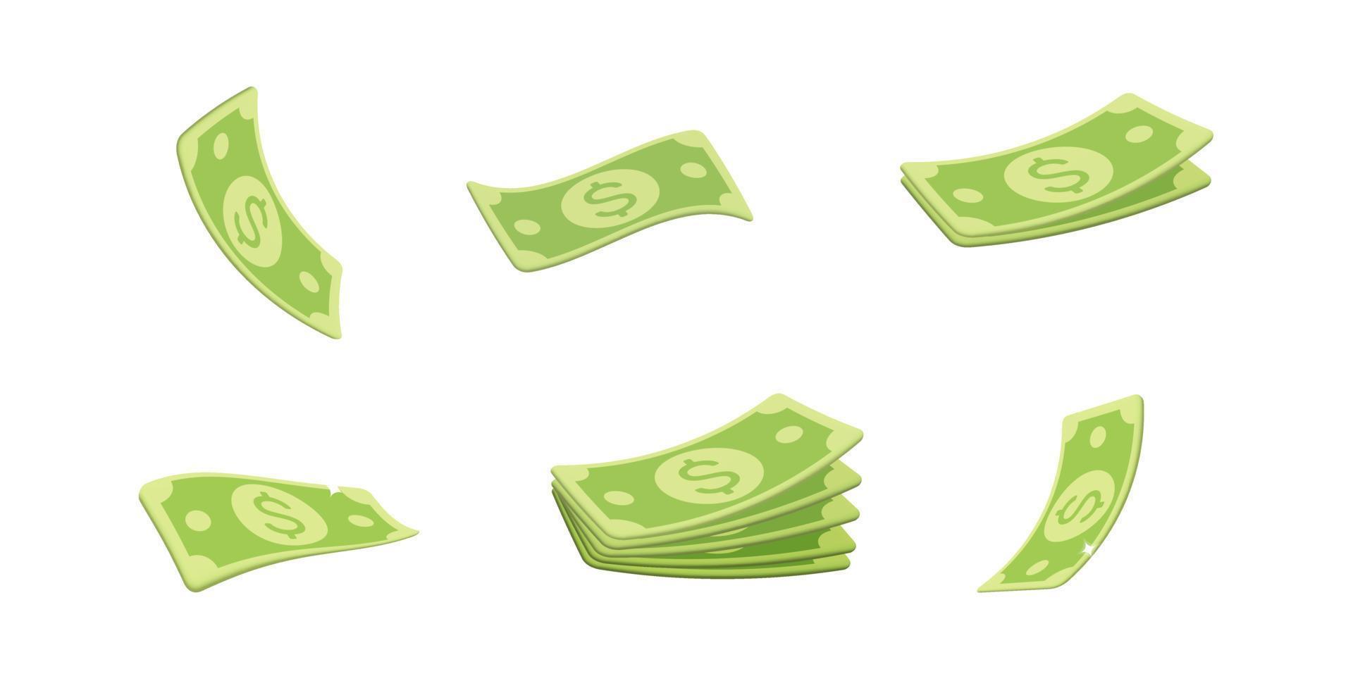 impostato di 3d vettore cartone animato plastica rendere verde dollaro carta banconota nel diverso posizioni, grappolo, pila icona design