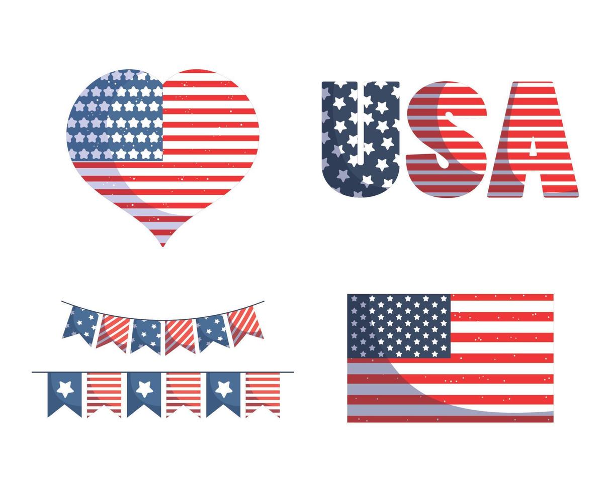 Stati Uniti d'America indipendenza giorno bandiera cuore e bandiera bandierina vettore design