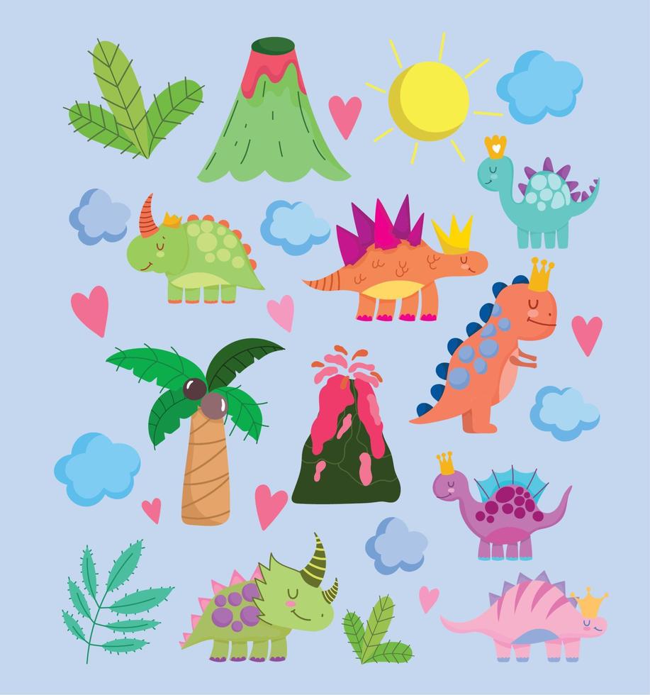 carino dinosauri vulcano palma sole nuvole natura cartone animato icone vettore